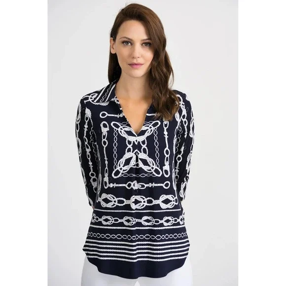 Joseph Ribkoff Nautical Rope V-Neck Top in Midnight Blue/Vanilla size 12 - Picture 1 of 14